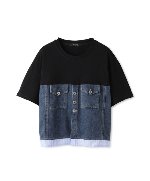 Jayro（ジャイロ）の「デニム切替Tシャツ（Tシャツ/カットソー・レディース・ホワイト系その他/ブラック/グレー・FREE）」の4枚目の写真