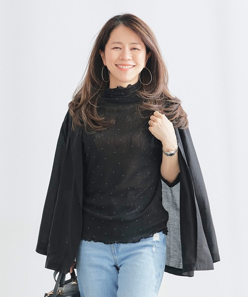 &BLOOM(アンドブルーム)の「ラインストーン付き シアー トップス &BLOOM(アンドブルーム)(Tシャツ/カットソー・レディース・ホワイト/ブラック・フリー)」の9枚目の写真