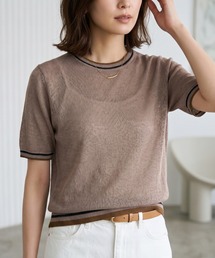 ノルマンディーフレンチリネン100 配色 5分袖サマーニットTシャツ シアープルオーバー
