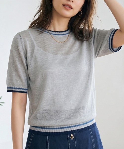 Belta attrice(ベルタアトリーチェ)の「ノルマンディーフレンチリネン100 配色 5分袖サマーニットTシャツ シアープルオーバー(ニット/セーター・レディース・ベージュ/オフホワイト/グレー/ブラック・FREE)」の3枚目の写真