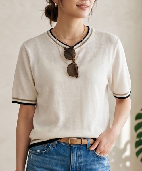Belta attrice(ベルタアトリーチェ)の「ノルマンディーフレンチリネン100 配色 5分袖サマーニットTシャツ シアープルオーバー(ニット/セーター・レディース・ベージュ/オフホワイト/グレー/ブラック・FREE)」の2枚目の写真