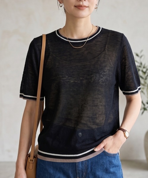 Belta attrice(ベルタアトリーチェ)の「ノルマンディーフレンチリネン100 配色 5分袖サマーニットTシャツ シアープルオーバー(ニット/セーター・レディース・ベージュ/オフホワイト/グレー/ブラック・FREE)」の5枚目の写真