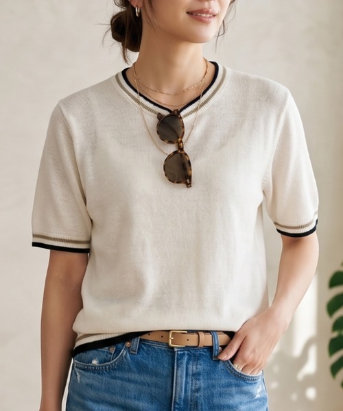 Belta attrice(ベルタアトリーチェ)の「ノルマンディーフレンチリネン100 配色 5分袖サマーニットTシャツ シアープルオーバー(ニット/セーター・レディース・ベージュ/オフホワイト/グレー/ブラック・FREE)」の10枚目の写真
