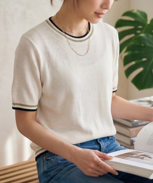 Belta attrice(ベルタアトリーチェ)の「ノルマンディーフレンチリネン100 配色 5分袖サマーニットTシャツ シアープルオーバー(ニット/セーター・レディース・ベージュ/オフホワイト/グレー/ブラック・FREE)」の13枚目の写真