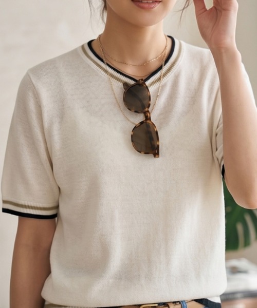 Belta attrice(ベルタアトリーチェ)の「ノルマンディーフレンチリネン100 配色 5分袖サマーニットTシャツ シアープルオーバー(ニット/セーター・レディース・ベージュ/オフホワイト/グレー/ブラック・FREE)」の14枚目の写真