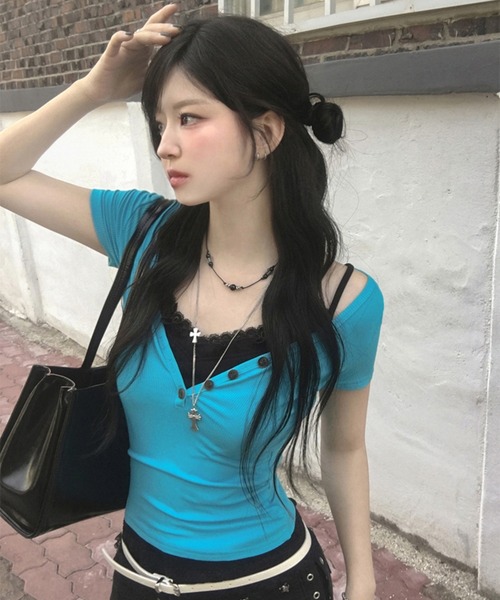 gossip!ロサンゼルス(ゴシップロサンゼルス)の「【Y2Kガーリー】 半袖 ヘンリーネック Vネック 無地 Tシャツ ミントコア*(Tシャツ/カットソー・レディース・グレー/イエロー/ミント・M)」の20枚目の写真