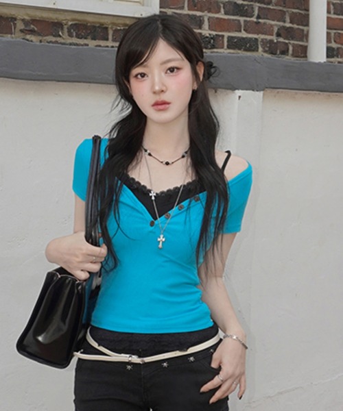 gossip!ロサンゼルス(ゴシップロサンゼルス)の「【Y2Kガーリー】 半袖 ヘンリーネック Vネック 無地 Tシャツ ミントコア*(Tシャツ/カットソー・レディース・グレー/イエロー/ミント・M)」の21枚目の写真