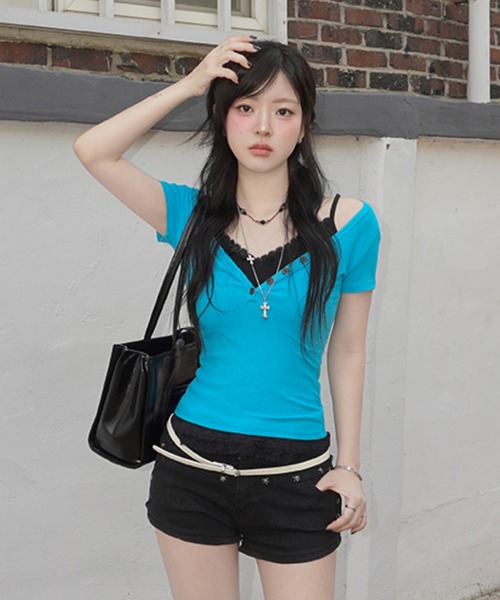 gossip!ロサンゼルス(ゴシップロサンゼルス)の「【Y2Kガーリー】 半袖 ヘンリーネック Vネック 無地 Tシャツ ミントコア*(Tシャツ/カットソー・レディース・グレー/イエロー/ミント・M)」の22枚目の写真