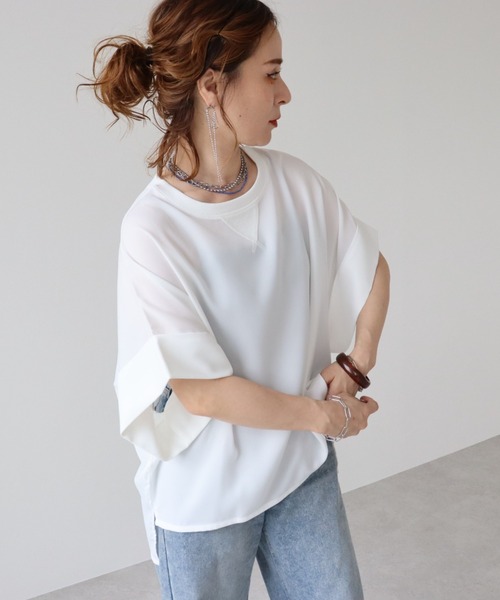zena(ジェナ)の「【接触冷感】ジョーゼットワイドTeeブラウス(シャツ/ブラウス・レディース・オフホワイト/ブラック・FREE)」の3枚目の写真