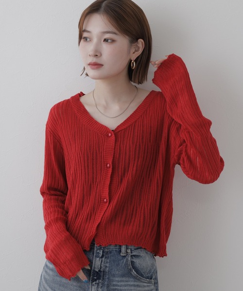 atONE（アットワン）の「涼しげに着映える 透かし編みVネックニットカーディガン（カーディガン/ボレロ・レディース・グリーン系その他7/モカ/ライトグレー/ブラック/レッド・M/L/LL）」の5枚目の写真