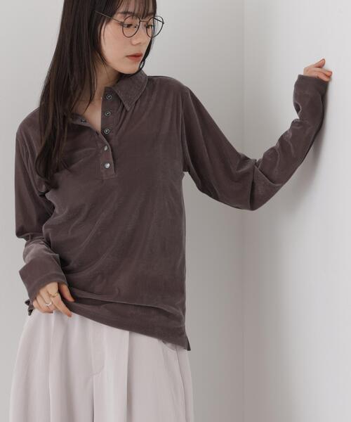 NANO universe（ナノユニバース）の「カットベロアドットボタンポロ衿トップス(セットアップ可)（Tシャツ/カットソー・レディース・ブラウン/モカ/ブラック・FREE）」の3枚目の写真