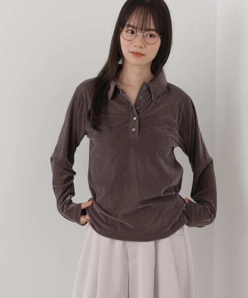 NANO universe（ナノユニバース）の「カットベロアドットボタンポロ衿トップス(セットアップ可)（Tシャツ/カットソー・レディース・ブラウン/モカ/ブラック・FREE）」の5枚目の写真