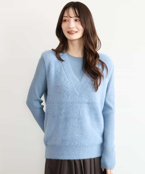 MK MICHEL KLEIN（エムケーミッシェルクラン）の「[洗える]シャギーベスト×ハイゲージリブニット アンサンブル（ベスト・レディース・ライトブルー/ブラウン/グレイッシュベージュ・38）」の14枚目の写真