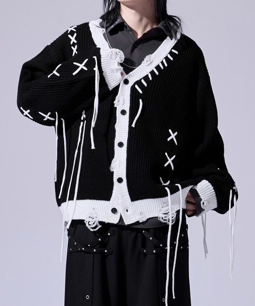 Ellno Loset(エルノロゼット)の「【無味コラボ】ステッチダメージカーディガン(カーディガン/ボレロ・メンズ・オフホワイト/ブラック・LARGE/MEDIUM/SMALL)」の1枚目の写真