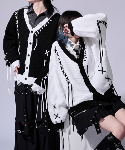 Ellno Loset(エルノロゼット)の「【無味コラボ】ステッチダメージカーディガン(カーディガン/ボレロ・メンズ・オフホワイト/ブラック・LARGE/MEDIUM/SMALL)」の3枚目の写真