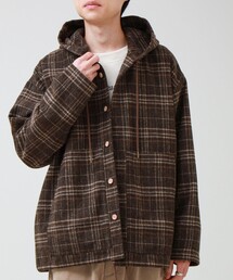 T/C起毛 チェックフーデッドシャツブルゾン