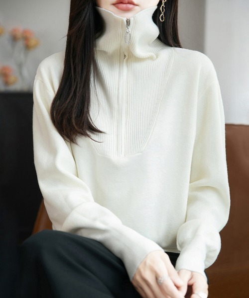 ReRe(リリ)の「ハーフジップリブニットトップス(ニット/セーター・レディース・ワインレッド/オフホワイト/ダークグレー/ネイビー・FREE)」の8枚目の写真