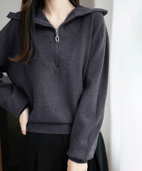 ReRe(リリ)の「ハーフジップリブニットトップス(ニット/セーター・レディース・ワインレッド/オフホワイト/ダークグレー/ネイビー・FREE)」の14枚目の写真