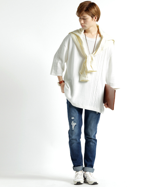 MONO-MART(モノマート)の「ビッグシルエットラインケーブル編みニット cotton100%(quarter sleeve)(ニット/セーター・メンズ・ベージュ/ライトグレー/ダークネイビー/オフホワイト・FREE)」の5枚目の写真