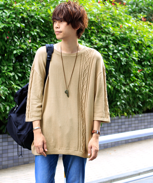 MONO-MART(モノマート)の「ビッグシルエットラインケーブル編みニット cotton100%(quarter sleeve)(ニット/セーター・メンズ・ベージュ/ライトグレー/ダークネイビー/オフホワイト・FREE)」の11枚目の写真