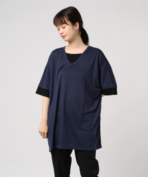 Bling Leads（ブリングリーズ）の「【Bl】TRビッグフェイクレイヤードVネックデザインT（Tシャツ/カットソー・メンズ・ホワイト/ブラック/チャコールグレー/キャメル/スモークピンク/マルチ/ネイビー・MEDIUM/LARGE/X-LARGE）」の5枚目の写真