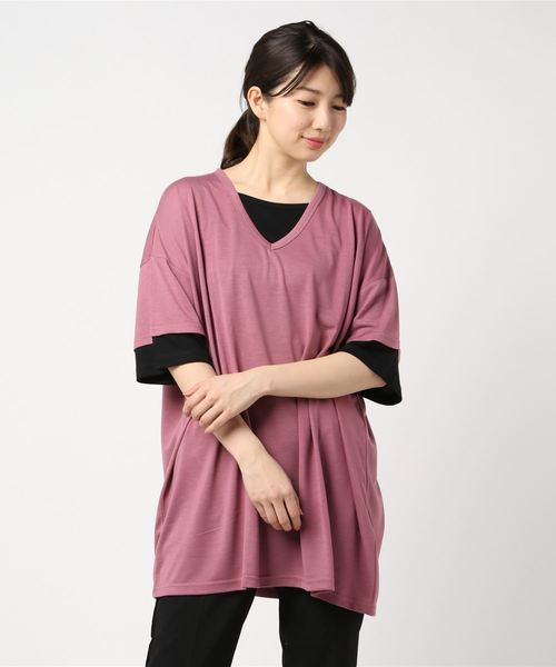 Bling Leads（ブリングリーズ）の「【Bl】TRビッグフェイクレイヤードVネックデザインT（Tシャツ/カットソー・メンズ・ホワイト/ブラック/チャコールグレー/キャメル/スモークピンク/マルチ/ネイビー・MEDIUM/LARGE/X-LARGE）」の6枚目の写真