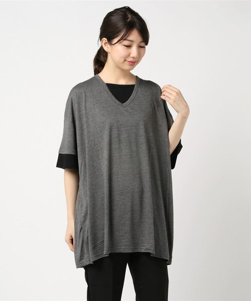 Bling Leads（ブリングリーズ）の「【Bl】TRビッグフェイクレイヤードVネックデザインT（Tシャツ/カットソー・メンズ・ホワイト/ブラック/チャコールグレー/キャメル/スモークピンク/マルチ/ネイビー・MEDIUM/LARGE/X-LARGE）」の4枚目の写真