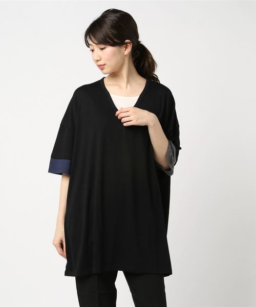 Bling Leads（ブリングリーズ）の「【Bl】TRビッグフェイクレイヤードVネックデザインT（Tシャツ/カットソー・メンズ・ホワイト/ブラック/チャコールグレー/キャメル/スモークピンク/マルチ/ネイビー・MEDIUM/LARGE/X-LARGE）」の7枚目の写真