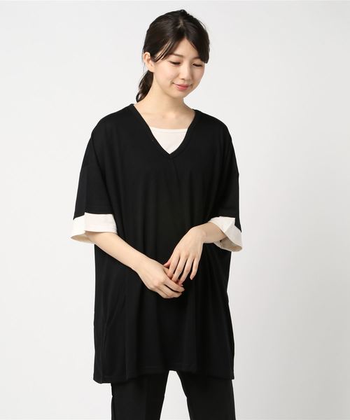 Bling Leads（ブリングリーズ）の「【Bl】TRビッグフェイクレイヤードVネックデザインT（Tシャツ/カットソー・メンズ・ホワイト/ブラック/チャコールグレー/キャメル/スモークピンク/マルチ/ネイビー・MEDIUM/LARGE/X-LARGE）」の3枚目の写真