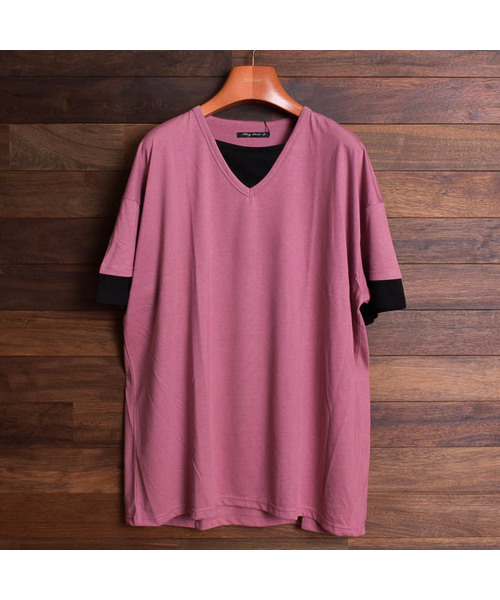 Bling Leads（ブリングリーズ）の「【Bl】TRビッグフェイクレイヤードVネックデザインT（Tシャツ/カットソー・メンズ・ホワイト/ブラック/チャコールグレー/キャメル/スモークピンク/マルチ/ネイビー・MEDIUM/LARGE/X-LARGE）」の11枚目の写真