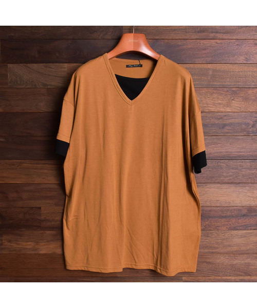 Bling Leads（ブリングリーズ）の「【Bl】TRビッグフェイクレイヤードVネックデザインT（Tシャツ/カットソー・メンズ・ホワイト/ブラック/チャコールグレー/キャメル/スモークピンク/マルチ/ネイビー・MEDIUM/LARGE/X-LARGE）」の12枚目の写真