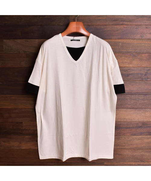 Bling Leads（ブリングリーズ）の「【Bl】TRビッグフェイクレイヤードVネックデザインT（Tシャツ/カットソー・メンズ・ホワイト/ブラック/チャコールグレー/キャメル/スモークピンク/マルチ/ネイビー・MEDIUM/LARGE/X-LARGE）」の13枚目の写真