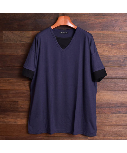 Bling Leads（ブリングリーズ）の「【Bl】TRビッグフェイクレイヤードVネックデザインT（Tシャツ/カットソー・メンズ・ホワイト/ブラック/チャコールグレー/キャメル/スモークピンク/マルチ/ネイビー・MEDIUM/LARGE/X-LARGE）」の14枚目の写真