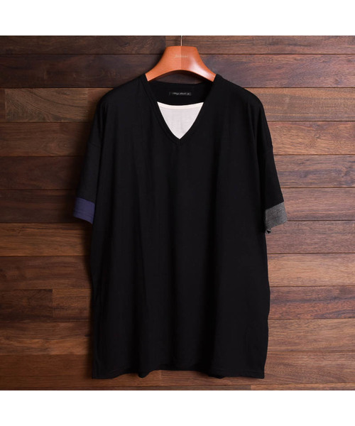 Bling Leads（ブリングリーズ）の「【Bl】TRビッグフェイクレイヤードVネックデザインT（Tシャツ/カットソー・メンズ・ホワイト/ブラック/チャコールグレー/キャメル/スモークピンク/マルチ/ネイビー・MEDIUM/LARGE/X-LARGE）」の16枚目の写真