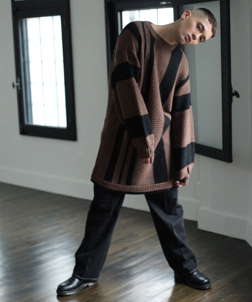 NILWAY(ニルウェイ)の「モヘアタッチ配色ストライプスーパーオーバーサイズニット(ニット/セーター・メンズ・ブラウン系/ベージュ系/ベージュ系1・FREE)」の1枚目の写真