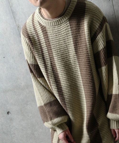 NILWAY(ニルウェイ)の「モヘアタッチ配色ストライプスーパーオーバーサイズニット(ニット/セーター・メンズ・ブラウン系/ベージュ系/ベージュ系1・FREE)」の10枚目の写真