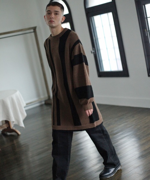 NILWAY(ニルウェイ)の「モヘアタッチ配色ストライプスーパーオーバーサイズニット(ニット/セーター・メンズ・ブラウン系/ベージュ系/ベージュ系1・FREE)」の8枚目の写真
