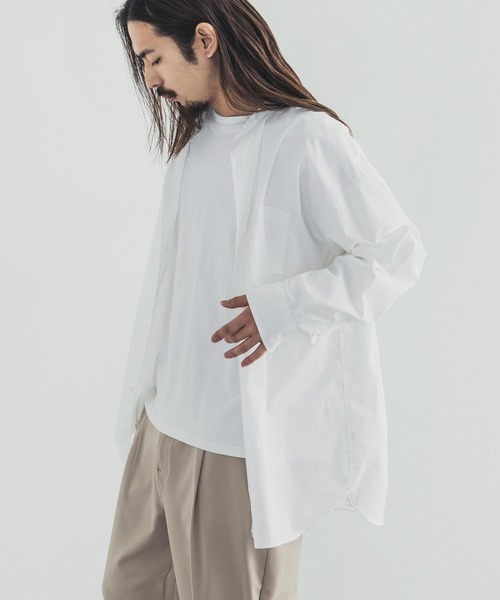 Audience（オーディエンス）の「【撥水・撥油 】オーバーサイズ クロス ストレッチ タイプライター バンドカラー 長袖 ボクシーシャツ（シャツ/ブラウス・メンズ・ブラック/オフホワイト・M/L）」の7枚目の写真