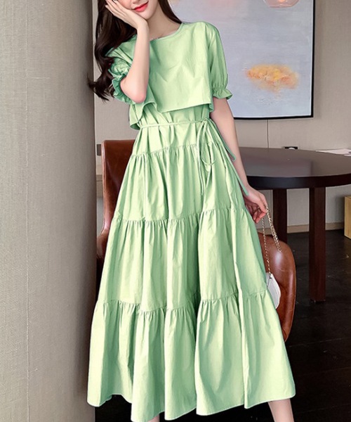 LUGG NAGG（ラグナグ）の「【M～XL対応】セットアップ風ドッキングティアードワンピース（ワンピース・レディース・ブラック/ピンクベージュ/ラベンダー/ローズ/ライトグリーン・LARGE/MEDIUM/X-LARGE）」の2枚目の写真