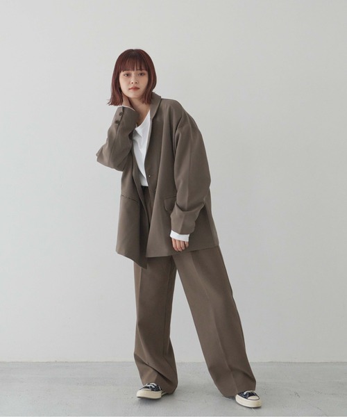 flaner（フラネ）の「ルーズダブルジャケット【ユニセックス対応/セットアップ可】（テーラードジャケット・レディース・ベージュ/ブラウン・MEDIUM/LARGE）」の10枚目の写真