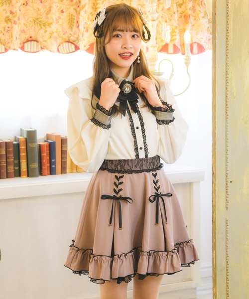 VIVIANOチュールフリル長袖ブラウス moment+ ブラウス シャツ シフォンジョーゼットウエストリボンチュール