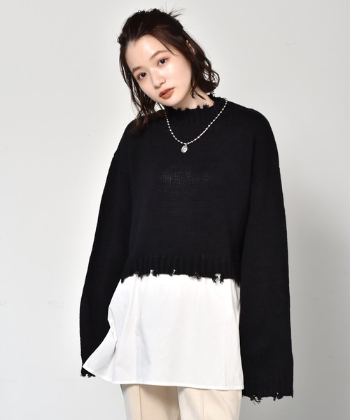 RETRO GIRL（レトロガール）の「ダメージドッキングニット（ニット/セーター・レディース・レッド/ダークグリーン/ライトグレー/ブラック・FREE）」の2枚目の写真