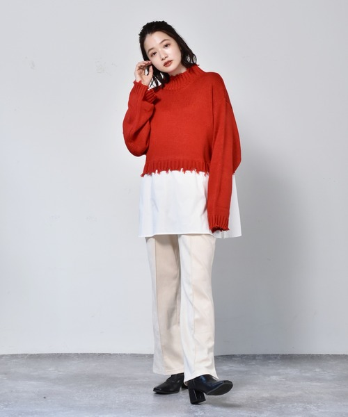 RETRO GIRL（レトロガール）の「ダメージドッキングニット（ニット/セーター・レディース・レッド/ダークグリーン/ライトグレー/ブラック・FREE）」の5枚目の写真