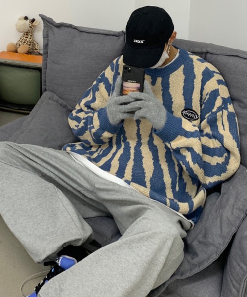 定価1万円以上引き！美品！ロゴモノグラムニットプルオーバー / ネイビー さがらワッペンロゴニットプルオーバー｜DOUBLE NAME ダブルネーム