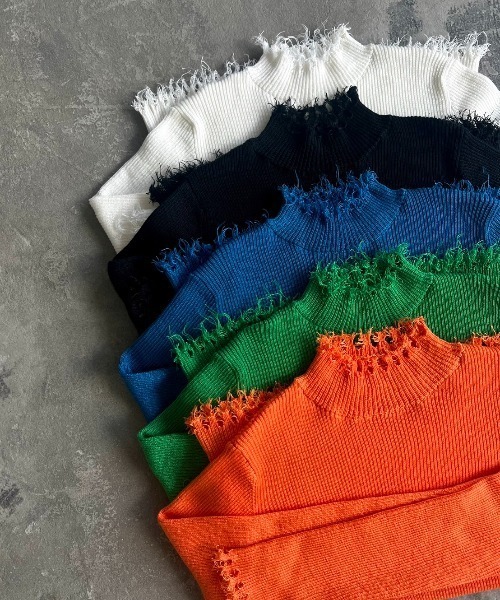 VACANCY(ヴァカンシー)の「ダメージリブニット(ニット/セーター・レディース・ブラック/オレンジ/ブルー/グリーン/ナチュラル/ホワイト/モカ・FREE)」の8枚目の写真