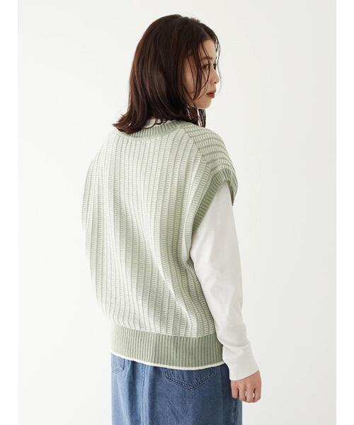 Green Parks(グリーンパークス)の「ストライプ風ジャガードニットベスト*(ベスト・レディース・ベージュ/ブルー/グリーン・FREE)」の5枚目の写真