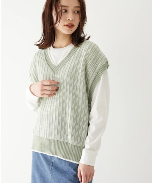 Green Parks(グリーンパークス)の「ストライプ風ジャガードニットベスト*(ベスト・レディース・ベージュ/ブルー/グリーン・FREE)」の2枚目の写真