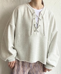 She's Closet | 編み上げレースアップリボン裏毛ショート丈長袖プルオーバースウェット(スウェット)