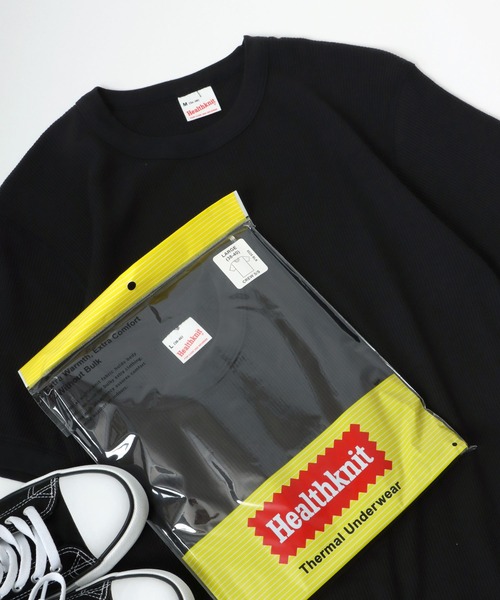 Healthknit（ヘルスニット）の「Healthknit（ヘルスニット）クルーネック ワッフル半袖Tシャツ/ユニセックス/無地・ボーダーリンガーT/1P/パックT（Tシャツ/カットソー・レディース・ブルー系その他/ブラック/ブラック×ホワイト/ネイビー×ホワイト/オフホワイト/レッド系その他/グレー/グレー系その他/ブラウン系その他/グリーン系その他/イエロー系その他/ピンク・L/XL/M）」の3枚目の写真