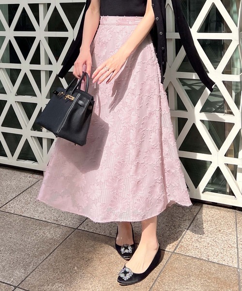 KOBE LETTUCE（コウベレタス）の「シアーチェック×フラワージャガードフレアスカート（スカート・レディース・グレー/ブラック/ピンク/アイボリー・S/M）」の4枚目の写真